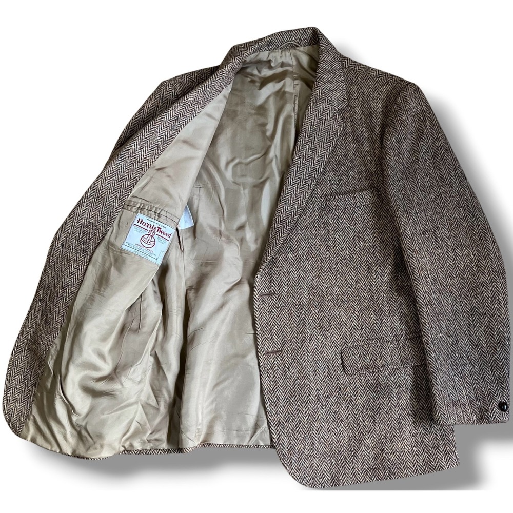 Harris Tweed Mens Wool Herringbone Blazer Sport Coat Brown Tan Chest 46 GB